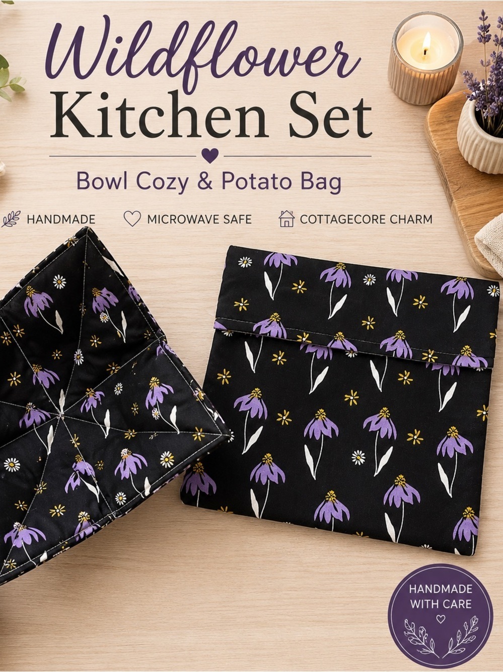 Handmade Wildflower Bowl Cozy & Potato Bag Set | Cottagecore Kitchen Gift
